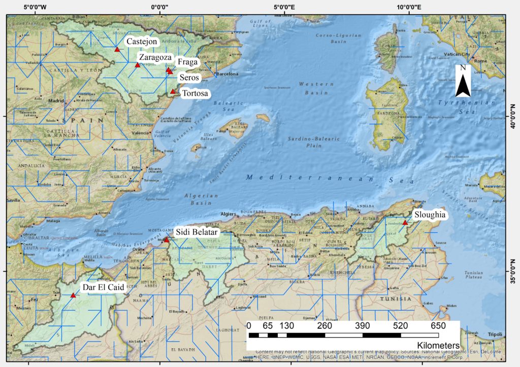 Figure 2: CO-MICC focus basins and gauging stations used for model evaluation. The delineated basins correspond to the Ebro basin (Spain), the Moulouya basin (Morocco and Algeria), the Chelif basin (Algeria) and the Wadi Majardah basin (Algeria and Tunisia). The stations are shown as red triangles. The drainage network of the hydrological models in shown in blue.